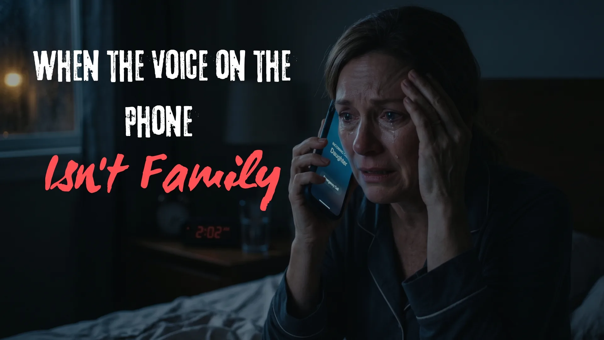 A worried person looking at a smartphone during a suspicious phone call.