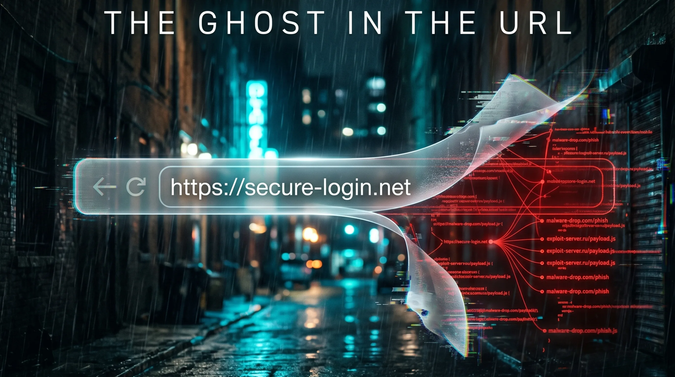 A glowing address bar in a dark alley with digital layers peeling away to reveal a malicious red network.