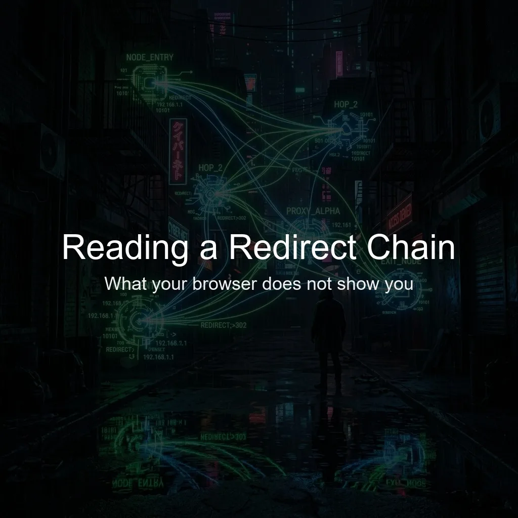 A noir cyberpunk scene displaying network redirect connections linking node to node across dark glowing tunnels.