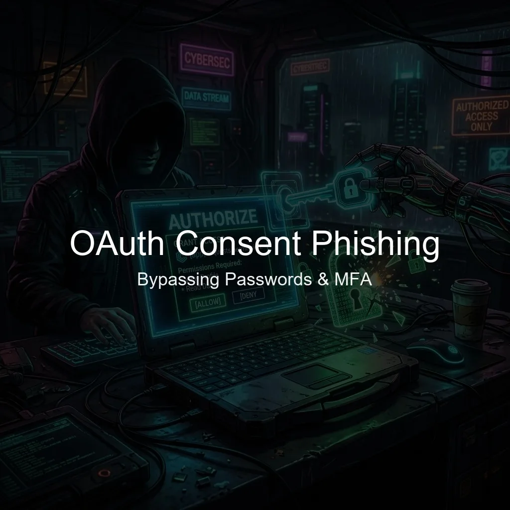 A noir cyberpunk scene depicting a laptop showing a glowing AUTHORIZE permission prompt with a cybernetic key breaking digital locks.