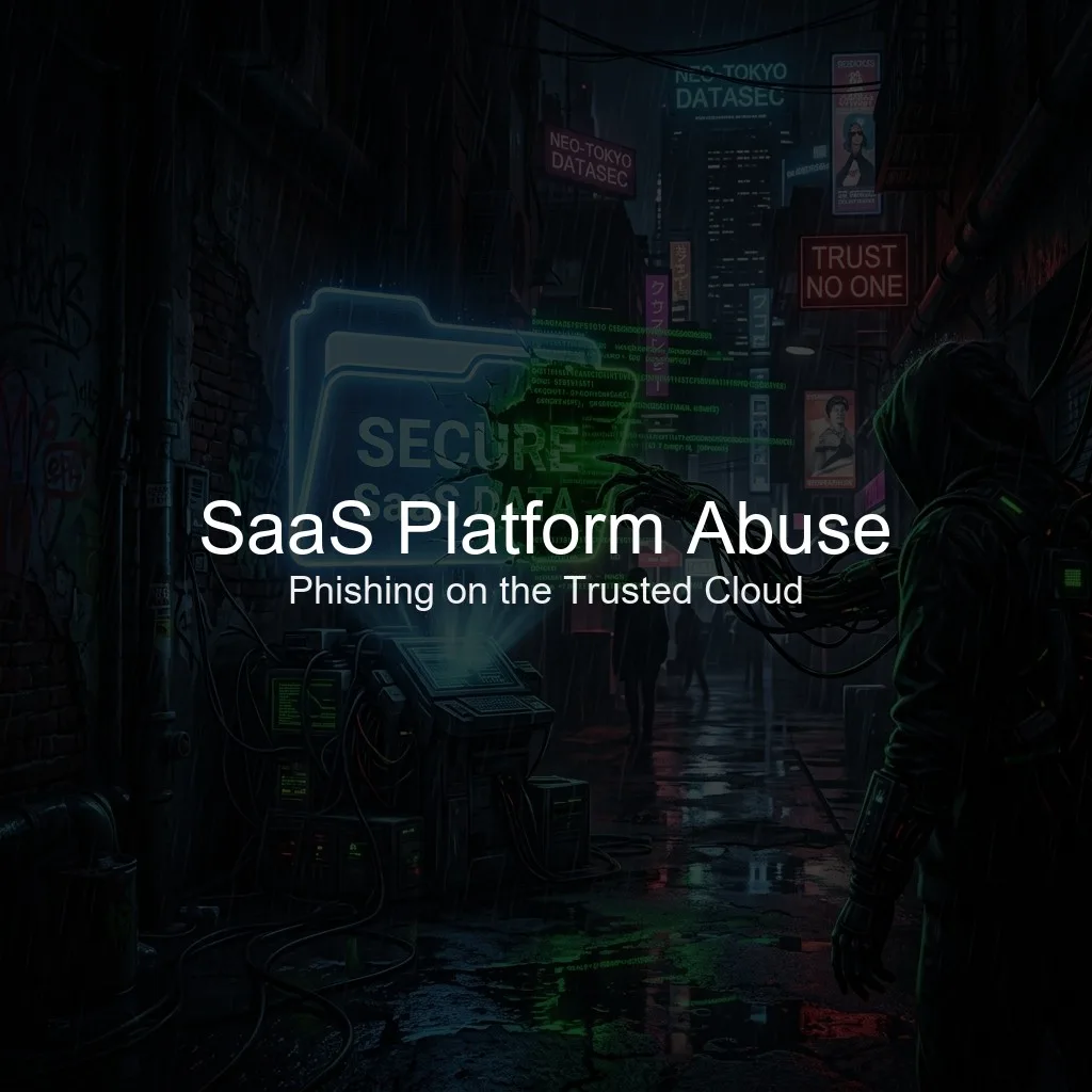 A noir cyberpunk style illustration showing a corporate cloud document being hijacked by cybernetic wires injecting glowing green code.