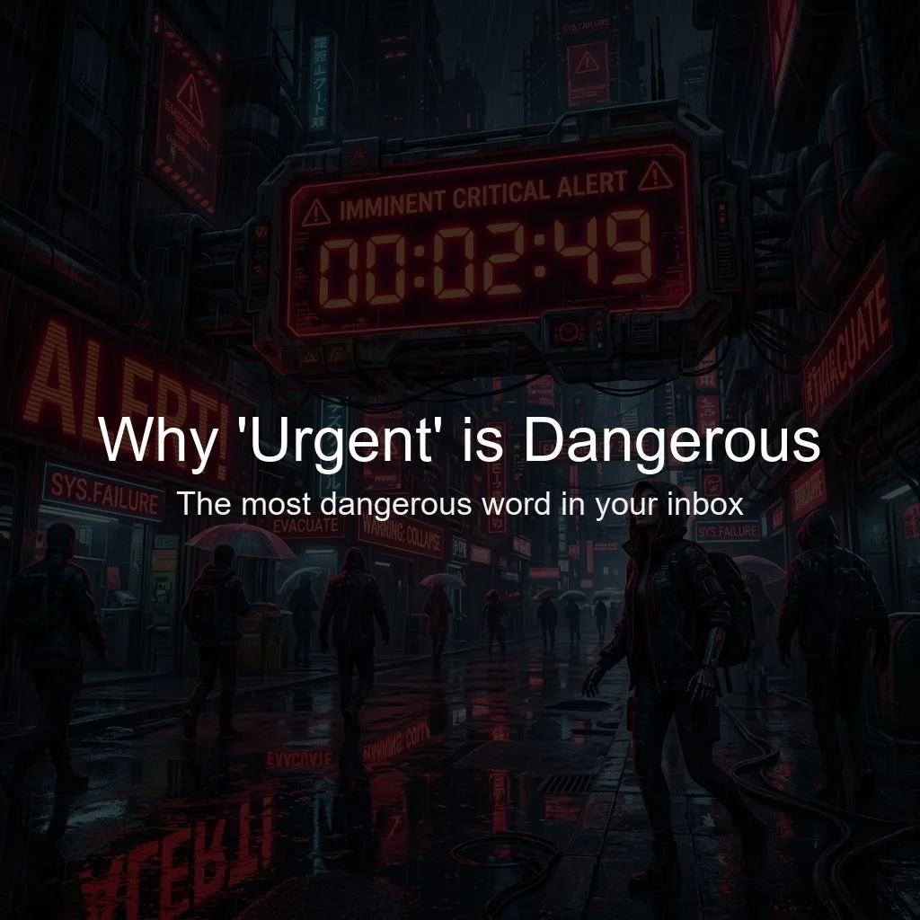 A noir cyberpunk scene depicting a warning system alert and a countdown timer glowing in neon red on a rainy cybernetic street.