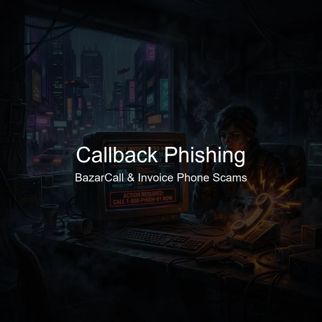 A noir cyberpunk digital art showing a dark office where a terminal displays an invoice and a phone receiver glows with neon orange alerts.