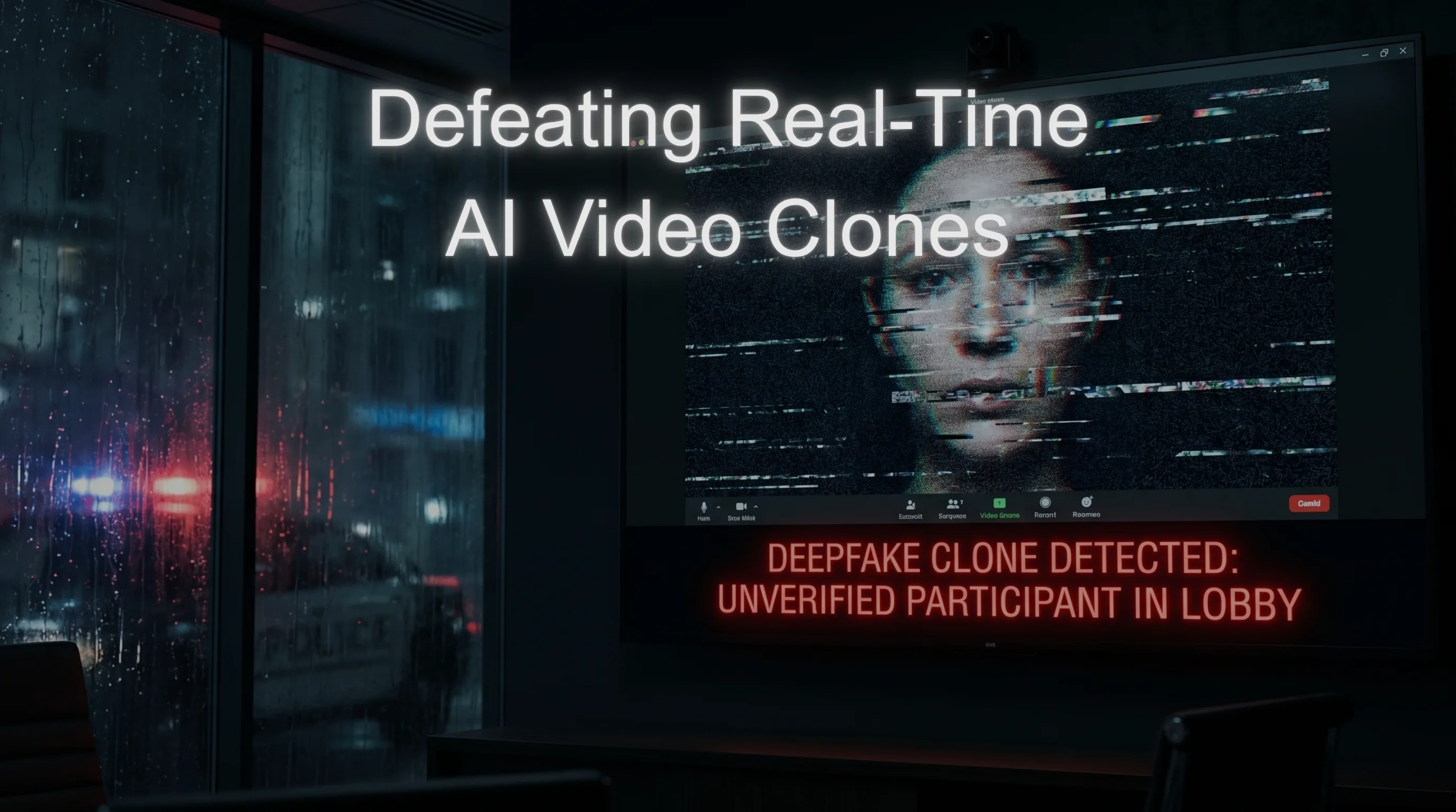A dark, static-filled video call screen displaying a flickering, distorted AI face with a "Deepfake Detected" red alert, set in a rain-slicked city at night.
